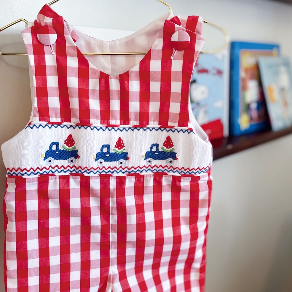 Baby Boy’s Hand Smocked Red Gingham Jon Jon With Blue Trucks & Watermelons